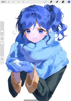 1girl aeri_(aerikatsu) aikatsu! aikatsu!_(series) art_program_in_frame blue_eyes blue_gloves blue_hair blue_scarf closed_mouth gloves highres holding kiriya_aoi long_hair long_sleeves looking_at_viewer scarf side_ponytail simple_background smile snow solo upper_body white_background winter_clothes