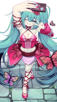 1girl blue_eyes blue_hair bow bowtie breasts bug butterfly cellphone chain cleavage criss-cross_halter crop_top crossed_legs detached_sleeves double-parted_bangs flower full_body hair_between_eyes hair_flower hair_ornament halterneck hatsune_miku hatsune_miku_(vintage_dress) high_heels highres holding holding_phone insect large_breasts long_hair looking_at_phone midriff navel one_eye_closed overskirt phone pink_bow pink_bowtie pink_flower pink_nails pink_ribbon pink_shirt pink_shoes pink_skirt ribbon shirt shoes simple_background single_detached_sleeve skirt smartphone smile solo strapless strapless_shirt sweat twintails very_long_hair vocaloid w white_background xmxing