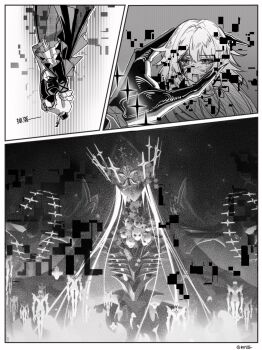 1girl 1other alternate_form alternate_universe bad_end bare_shoulders blood blood_on_face crown detached_sleeves dress faceless floating_crown head_ornament herta_(honkai:_star_rail) herta_(rubert_iii)_(honkai:_star_rail) highres honkai:_star_rail honkai_(series) irontomb large_hands liuyun_(liuyun73492) long_hair ribs skeleton skull the_herta_(honkai:_star_rail)