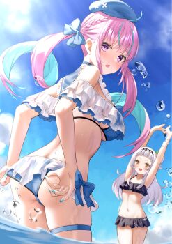 2girls adjusting_clothes adjusting_swimsuit ahoge alternate_costume aqua_hair arched_bangs arms_up ass beret bikini black_bikini blue_bikini blue_hat blue_sky blunt_bangs braid breasts cloud colored_inner_hair commentary_request cone_hair_bun day drill_hair faubynet frilled_bikini frills grey_hair hair_bun half_up_braid hat highres hololive large_breasts linea_alba long_hair looking_at_viewer median_furrow minato_aqua multicolored_hair multiple_girls murasaki_shion navel open_mouth outdoors outstretched_arms pink_hair purple_eyes short_eyebrows side-tie_bikini_bottom side_up_bun sidelocks single_side_bun sky stomach streaked_hair stretching swimsuit thigh_strap twin_drills twintails two-tone_hair virtual_youtuber wading water yellow_eyes