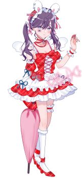 Rule 34 | 1girl, absurdres, ahoge, animal ear hairband, animal ears, black hair, blue eyes, blush, bow, breasts, chinstrap, cleavage, closed mouth, collarbone, commentary request, dress, fake animal ears, fingernails, food, food-themed hair ornament, frilled dress, frilled hairband, frilled thigh strap, frills, fruit, full body, gakuen idolmaster, grey nails, hair ornament, hair ribbon, hairband, high heels, highres, holding, holding food, holding fruit, holding umbrella, idolmaster, kaya rinha, kneehighs, long hair, looking at viewer, medium breasts, megumura, nail polish, parasol, pink ribbon, plaid clothes, plaid dress, red bow, red dress, red shoes, ribbon, shoes, short dress, sidelocks, signature, socks, solo, standing, strawberry, strawberry hair ornament, thigh strap, twintails, umbrella, white background, white socks, wings