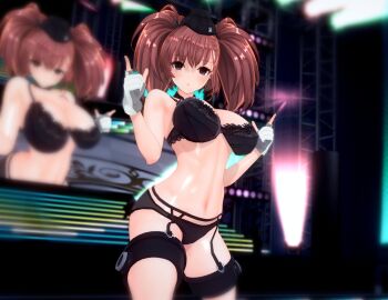 1girl 3d absurdres atlanta_(kancolle) black_bra black_headwear black_panties bra breasts brown_hair garter_straps gloves highres kantai_collection large_breasts looking_at_viewer navel panties partially_fingerless_gloves shiny_skin stage twintails underwear white_gloves