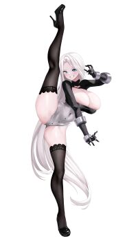 1girl absurdres ass black_shoes black_sleeves black_thighhighs blue_eyes breasts cleavage clenched_teeth commentary curtained_hair forehead full_body high_heels highleg highleg_leotard highres horegi huge_breasts korean_commentary leg_up legs leotard long_hair original pantyhose platform_heels pumps shadow shoes shrug_(clothing) simple_background solo split standing standing_on_one_leg standing_split striped_clothes teeth thighhighs thighs v-shaped_eyebrows vertical-striped_clothes very_long_hair white_background white_hair