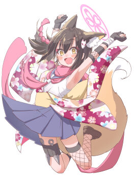 1girl :d absurdres animal_ear_fluff animal_ears armpits arms_up blue_archive blue_skirt blush_stickers cherry_blossom_print clenched_hands commentary extra_ears fang fishnet_thighhighs fishnets floral_print floral_print_kimono fox_ears fox_girl fox_hair_ornament fox_tail full_body gloves hair_intakes halo highres izuna_(blue_archive) japanese_clothes jumping kimono kirara_jump kunai looking_at_viewer miniskirt neckerchief one_side_up open_mouth pink_halo pink_neckerchief pleated_skirt print_kimono school_uniform serafuku shirt simple_background skin_fang skirt sleeveless sleeveless_shirt smile solo tail thighhighs tomonx weapon white_background white_shirt yellow_eyes