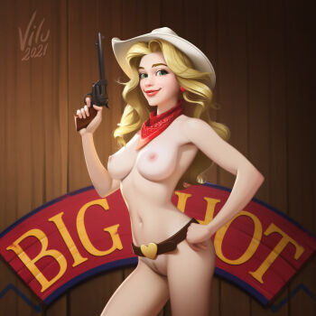 Rule 34 | 1girl, belt, blonde hair, breasts, brown belt, cleft of venus, cowboy bebop, cowboy hat, cowgirl (western), earrings, elvilu, green eyes, gun, hat, heart, highres, holding, holding gun, holding weapon, jewelry, judy (cowboy bebop), large breasts, lipstick, makeup, medium breasts, navel, nipples, nude, pussy, smile, solo, weapon