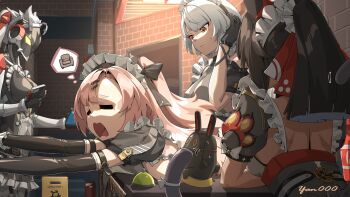 4girls absurdres alternate_costume anby_demara android animal_ears artist_name backless_outfit bangboo_(zenless_zone_zero) bell billy_kid black_bow black_hair black_sleeves bow breasts brick_wall call_bell cat_ears cat_girl cat_tail chair closed_eyes crying detached_sleeves enmaided exhausted genderswap genderswap_(mtf) hair_bow headphones highres imagining indoors long_hair long_sleeves luckyboo_(zenless_zone_zero) maid maid_headdress multiple_girls multiple_tails nekomiya_mana nicole_demara open_mouth orange_eyes pink_hair short_sleeves speech_bubble spiked_hair tail tears thought_bubble white_hair yan000 zenless_zone_zero