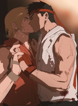 Rule 34 | 2boys, absurdres, black hair, blonde hair, blood, blood on clothes, brown gloves, chongzhen 085, closed eyes, dougi, fingerless gloves, gloves, headband, highres, holding hands, ken masters, kiss, male focus, medium hair, multiple boys, muscular, muscular male, red gloves, red headband, ryu (street fighter), shirt, short hair, sleeveless, sleeveless shirt, steaming body, street fighter, sweat, yaoi