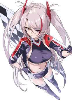 1girl absurdres azur_lane belt black_skirt breasts checkered_flag clothing_cutout cropped_jacket cropped_shirt flag from_above grey_hair highres jacket large_breasts long_hair looking_at_viewer midriff miniskirt multicolored_hair multicolored_jacket name_connection nukege_ojisan official_alternate_costume panties panty_straps prinz_eugen_(azur_lane) prinz_eugen_(final_lap)_(azur_lane) race_queen red_hair red_panties simple_background skirt solo stomach streaked_hair twintails two-tone_jacket two-tone_skirt underboob_cutout underwear white_background white_belt yellow_eyes