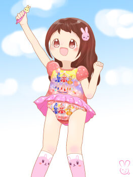 1girl animal animal_hair_ornament animal_print blush brown_eyes brown_hair character_print clothes_writing cloud crotch_seam from_below hair_ornament heart heart_in_eye heart_print holding holding_wand kneehighs loli long_hair looking_up open_mouth original panties pink_panties pink_shirt pink_skirt pink_socks polka_dot polka_dot_panties polka_dot_shirt print_panties print_shirt print_skirt print_socks puffy_sleeves rabbit rabbit_hair_ornament rabbit_print shirt short_sleeves skirt sky smile socks standing striped_clothes striped_panties symbol_in_eye underwear upskirt urameido wand wind wind_lift