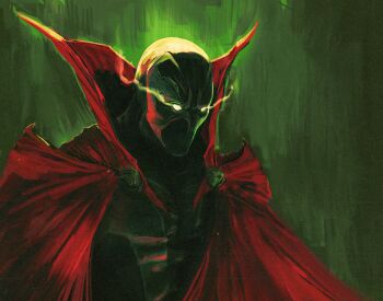 Rule 34 | 1boy, black bodysuit, bodysuit, cape, collared cape, commentary, english commentary, faznova, glowing, glowing eyes, green background, highres, looking ahead, male focus, mask, mystical high collar, red cape, solo, spawn (comic), spawn (spawn), upper body