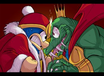 beak beanie bird bracer cape coat crocodile crocodilian crown hat heads_together highres king_dedede king_k._rool mittens penguin red_eyes sharp_teeth skull_cap sparks sweat teeth teevo