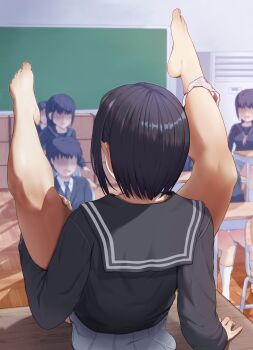 2boys 4girls absurdres arm_support bare_legs barefoot black_hair black_necktie black_serafuku black_shirt blazer bottomless chair chalkboard classroom day desk exhibitionism faceless faceless_female faceless_male feet feet_up female_pervert from_behind grey_skirt highres indoors jacket kneehighs legs_up locker long_hair long_sleeves multiple_boys multiple_girls neckerchief necktie on_desk onlookers open_mouth original panties panties_around_leg pervert pleated_skirt public_indecency red_neckerchief sailor_collar school school_chair school_desk school_uniform serafuku shirt shoes short_hair sidelocks sitting skirt socks solo_focus surprised toes umidariku underwear uwabaki white_panties white_shirt
