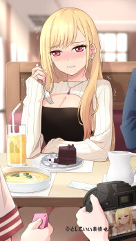 1boy 3girls arm_rest barbell_piercing black_shirt blonde_hair blush booth_seating breasts cake camera cleavage clenched_teeth controller cup dot_nose drink drinking_glass drinking_straw ear_piercing earrings facing_viewer fingernails food furrowed_brow gojou_wakana gyaru highres ice ice_cube implied_vibrator industrial_piercing inui_sajuna inui_shinju jewelry kitagawa_marin laofuzi_dai_bansho long_hair looking_to_the_side medium_breasts multiple_girls necklace nose_blush out_of_frame parted_lips piercing plate public_indecency public_vibrator raised_eyebrows red_eyes remote_control remote_control_vibrator ring sex_toy shirt shrug_(clothing) sitting sono_bisque_doll_wa_koi_wo_suru straight_hair table teeth trembling vibrator wireless_sex_toy_controller