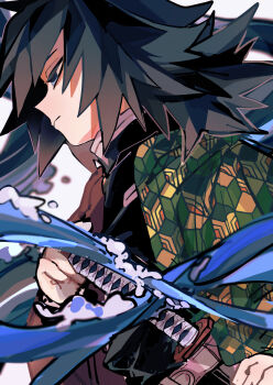 1boy belt black_hair black_jacket blue_eyes buttons closed_mouth demon_slayer_uniform empty_eyes gold_buttons haori high_collar highres holding holding_sword holding_weapon jacket japanese_clothes katana kikkoumon kimetsu_no_yaiba ko_perosu long_hair low_ponytail male_focus ponytail print_haori profile red_haori solo spiked_hair sword tomioka_giyuu upper_body water weapon white_background white_belt