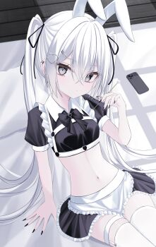 1girl :o animal_ears apron bed_sheet black_bow black_bowtie black_nails black_ribbon black_shirt black_skirt bow bowtie breasts cellphone collared_shirt commentary_request contrast_collar cowboy_shot crop_top cross cross_earrings crossed_bangs ear_piercing earrings fingernails frilled_apron frilled_skirt frills grey_eyes hair_between_eyes hair_ornament hair_ribbon hairclip heart heart_hair_ornament highres holding indoors iris37337 jewelry latin_cross legwear_garter long_fingernails long_hair looking_at_viewer maid medium_breasts midriff miniskirt navel original parallel_hairclips parted_lips phone piercing puffy_short_sleeves puffy_sleeves rabbit_ears rabbit_girl ribbon sharp_fingernails shirt short_sleeves single_legwear_garter sitting skirt smartphone solo thighhighs twintails twitter_username very_long_hair waist_apron white_apron white_hair white_thighhighs window_shadow wooden_floor