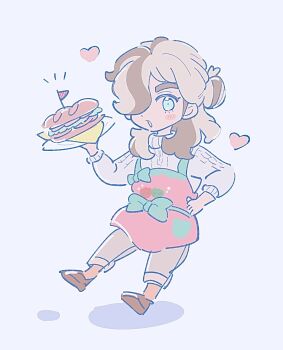 1boy apron arven_(holiday_2025)_(pokemon) arven_(pokemon) blue_eyes bow brown_hair brown_shoes cable_knit commentary dot_nose food full_body hair_bun hand_on_own_hip highres holding holding_plate long_hair looking_at_viewer male_focus multicolored_hair nintendo one_eye_covered open_mouth oysmrm pants plate pokemon pokemon_masters_ex red_apron sandwich shoes simple_background single_hair_bun solo streaked_hair sweater symbol-only_commentary white_background white_sweater