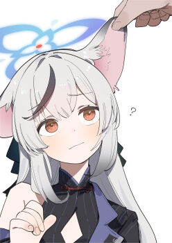 1girl ? absurdres animal_ears black_hair blue_archive blue_halo closed_mouth grabbing_another&#039;s_ear grey_hair halo hand_on_another&#039;s_ear highres kokona_(blue_archive) long_hair maton_3110 multicolored_hair simple_background single_bare_shoulder solo_focus streaked_hair white_background yellow_eyes