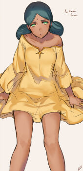 1girl bindi character_name dark-skinned_female dark_skin dress female_focus green_eyes green_hair gundam kippu lalah_sune looking_at_viewer matching_hair/eyes mobile_suit_gundam simple_background sketch solo