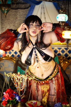 1girl asian belly belly_dancer black_hair breasts chouzuki_maryou cleavage highres large_breasts lipstick makeup photo_(medium) plump solo thick_thighs thighs underboob