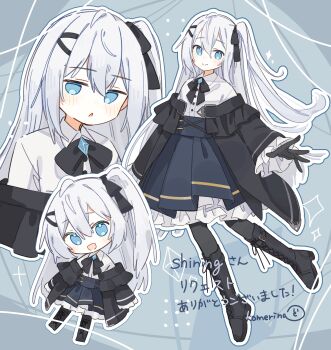 1girl :&gt; :&lt; :d absurdres artist_name black_boots black_bow black_bowtie black_gloves black_jacket black_pantyhose black_ribbon blue_background blue_eyes blue_skirt blush boots bow bowtie brooch chibi closed_mouth collared_shirt commentary commission dot_nose dress_shirt frilled_jacket frilled_skirt frilled_sleeves frills full_body gem gloves hair_between_eyes hair_ribbon hand_up high-waist_skirt highres jacket jewelry jitome knee_boots komerina legs_apart long_hair long_sleeves looking_at_viewer multiple_views no_nose no_pupils off_shoulder one_side_up open_mouth original pantyhose parted_lips pleated_skirt ribbon shirt shirt_tucked_in sidelocks signature skirt smile split_mouth standing straight_hair translated upper_body white_hair white_shirt wide_sleeves