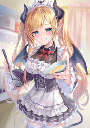 Rule 34 | 1girl, absurdres, akami770, apron, black corset, black dress, black horns, blonde hair, blue eyes, blush, breasts, cleavage, corset, cup, demon girl, demon horns, demon tail, demon wings, detached sleeves, dress, frilled dress, frilled sleeves, frills, highres, holding, holding cup, hololive, horns, large breasts, looking at viewer, maid headdress, official alternate costume, pointy ears, smile, solo, tail, teeth, twintails, underbust, virtual youtuber, white apron, white headdress, wings, yuzuki choco, yuzuki choco (maid)