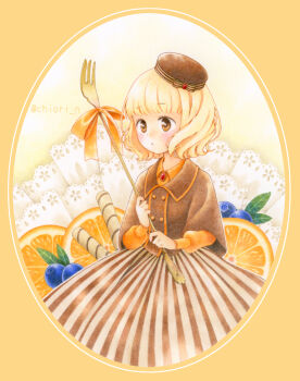 1girl absurdres blonde_hair blush brown_eyes chiori_n colored_pencil_(medium) commentary_request dress expressionless food fork fruit hat highres holding holding_fork orange_(fruit) original short_hair solo traditional_media