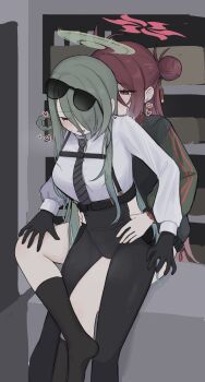 2girls black_gloves black_hoodie black_necktie black_pants black_socks blue_archive blush braid braided_hair_rings closed_eyes collared_shirt commentary_request diagonal-striped_clothes diagonal-striped_necktie eyewear_on_head gloves green_hair green_halo hair_bun hair_over_one_eye hair_rings halo hands_on_another's_hips heart highres hood hoodie knee_between_another's_legs long_hair looking_at_another mephimephi mina_(blue_archive) multiple_girls necktie open_mouth pants red_hair red_halo reijo_(blue_archive) shirt single_hair_bun sitting sitting_on_another's_knee socks striped_clothes striped_necktie sunglasses suspenders white_shirt yuri
