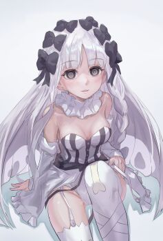 1girl absurdres bare_shoulders black_bow black_eyes blush bow braid breasts cleavage collar colored_inner_hair commentary_request detached_sleeves dress fate/strange_fake fate_(series) francesca_prelati_(fate) frilled_collar frills garter_straps grey_hair hair_bow highres long_hair looking_at_viewer medium_breasts multicolored_hair panties parted_bangs revision ringed_eyes sidelocks sitting skull_print smile solo striped_clothes striped_dress thighhighs thighs underwear very_long_hair white_dress white_hair white_panties white_thighhighs zasyuu_11