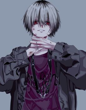 1boy bags_under_eyes bishounen blood brown_nails bruise bruise_on_face bruise_on_neck bruise_on_wrist chain clothes_writing commentary_request crazy crew_neck cross cuts grey_background grey_jacket highres injury jacket jewelry latin_cross long_sleeves looking_at_viewer male_focus multicolored_hair nosebleed original purple_shirt red_eyes ring riokun_riorio roots_(hair) shirt short_hair simple_background solo straight-on strangling strangling_self teeth twitter_username upper_body white_hair