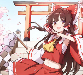 1girl ascot between_fingers blush bow brown_eyes brown_hair cherry_blossoms chest_sarashi chikuzen1996 commentary_request day detached_sleeves falling_petals frilled_bow frilled_hair_tubes frills gohei hair_bow hair_tubes hakurei_reimu highres holding holding_gohei long_hair looking_at_viewer midriff navel ofuda ofuda_between_fingers open_mouth outdoors petals pink_petals red_bow red_skirt ribbon-trimmed_sleeves ribbon_trim sarashi skirt skirt_set smile solo stairs torii touhou yellow_ascot