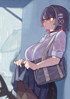1girl 1other against_wall aoyuzuaoyuzu bag black_bra black_choker black_hair blue_skirt blurry blurry_background blush bra bra_visible_through_clothes breasts brown_pantyhose buttons choker closed_mouth clothes_lift collared_shirt colored_inner_hair commentary_request cowboy_shot day ellen_joe ellen_joe_(on_campus) fingernails fins fish_tail from_side hair_between_eyes hair_ornament hairclip highres large_breasts lifting_own_clothes lollipop_in_mouth looking_ahead miniskirt multicolored_hair official_alternate_costume outdoors overcast panties panties_under_pantyhose pantyhose pleated_skirt rain red_eyes red_hair red_nails school_bag school_uniform see-through_clothes see-through_shirt shark_girl shark_tail shirt short_hair short_sleeves shoulder_bag skirt skirt_lift sky sleeves_rolled_up solo_focus standing tail two-tone_hair umbrella underwear wet wet_clothes wet_shirt wet_skirt white_panties white_shirt x_hair_ornament zenless_zone_zero