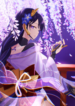 Rule 34 | 2girls, absurdres, back, back bow, back tattoo, blue pupils, blunt bangs, blurry, bow, braid, bridal gauntlets, bridge, commentary request, depth of field, eyeliner, falling petals, fan hair ornament, flower, flower ornament, from behind, from side, genshin impact, ghost, hair ornament, hair ribbon, highres, holding, holding hair ornament, japanese clothes, kimono, long braid, long hair, long sleeves, looking to the side, low-tied long hair, makeup, makoto (genshin impact), mitsudomoe (shape), mole, mole under eye, multicolored eyes, multicolored hair, multiple girls, nano popo02, off shoulder, out of frame, outdoors, parted lips, petals, pink lips, purple background, purple eyes, purple flower, purple kimono, raiden shogun, red eyeliner, red sash, ribbon, sash, siblings, single braid, sisters, standing, streaked hair, tattoo, tomoe (symbol), twins, wide sleeves, wisteria