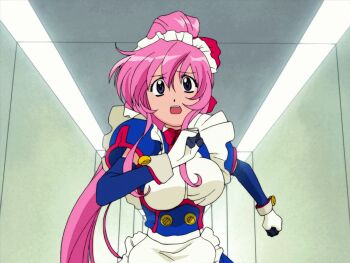1990s_(style) 1girl android animated animated_gif apron black_gloves blue_dress blue_eyes blue_sleeves bouncing bouncing_breasts bow bowtie breasts cuffs detached_sleeves dress female_focus frilled_apron frilled_hairband frills gloves hair_between_eyes hair_ribbon hairband hallway indoors koutetsu_tenshi_kurumi kurumi_(koutetsu_tenshi_kurumi) large_breasts long_hair looking_at_viewer looping_animation maid maid_apron maid_headdress multicolored_gloves pink_hair ponytail red_bow red_bowtie red_ribbon retro_artstyle ribbon running short_sleeves sidelocks solo upper_body very_long_hair white_gloves