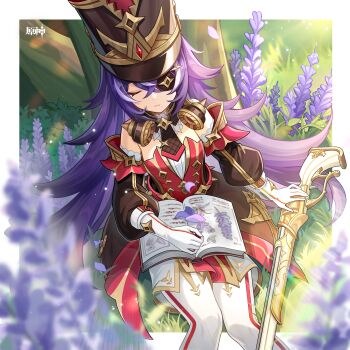 1girl absurdres bare_shoulders book book_on_lap border chevreuse_(genshin_impact) chinese_commentary closed_eyes commentary_request detached_sleeves feet_out_of_frame flower gaiters genshin_impact gloves grass gun hat highres long_hair long_sleeves official_art outside_border petals purple_flower purple_hair rifle shako_cap sitting sleeping solo thighhigh_gaiters thighhighs very_long_hair weapon white_border white_gloves