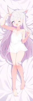 1girl absurdres animal_ear_fluff animal_ears arm_up bare_arms bare_shoulders barefoot bed_sheet blunt_bangs camisole cat_ears cat_tail colored_inner_hair commentary_request commission dakimakura_(medium) fang flat_chest full_body hand_up highres incredibly_absurdres large_variant_set long_hair looking_at_viewer lying multicolored_hair on_back on_bed one_eye_closed open_mouth original painter-lhb pink_eyes pink_hair psd_available skin_fang sleepwear smile solo tail tail_around_own_leg tail_wrap tareme two-tone_hair variant_set very_long_hair white_camisole white_hair