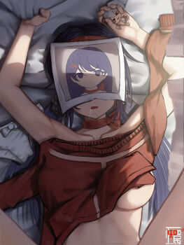 >_< 1girl absurdres artist_logo bed_sheet blue_hair breasts character_doll commentary_request crazy_mita_(miside) doll drooling hatsune_miku highres holding holding_doll kind_mita_(miside) logo long_hair low_twintails lying medium_breasts miside mita_(miside) on_back on_bed open_mouth panties photo_(object) red_shirt shirt solo twintails unaware_min underboob underwear unworn_panties unworn_shirt white_panties