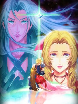 1girl 2boys aerith_gainsborough arm_around_neck armor baggy_pants bangle black_coat black_gloves blonde_hair blue_pants blue_shirt boots bracelet chest_strap choker cloud_strife coat cropped_jacket death dress emi-bianchi falling_feathers feathers final_fantasy final_fantasy_vii final_fantasy_vii_rebirth final_fantasy_vii_remake flower_choker forgotten_city gloves glowing green_eyes grey_hair hair_between_eyes hair_ribbon hand_on_another's_cheek hand_on_another's_face hetero highres jacket jewelry long_dress long_hair looking_at_viewer materia multiple_boys pants parted_bangs pauldrons pink_dress pink_lips pink_ribbon red_jacket ribbon sephiroth shirt short_hair short_sleeves shoulder_armor sidelocks single_bare_shoulder single_pauldron sleeveless sleeveless_turtleneck smile spiked_hair suspenders turtleneck twitter_username upper_body