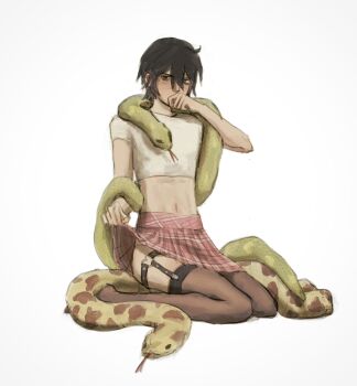 Rule 34 | 1boy, ahoge, animal, black eyes, black hair, black thighhighs, blush, clothes lift, commentary, covering own mouth, crop top, cropped shirt, crossdressing, crossdressing (mtf), dgucedunno, double-parted bangs, embarrassed, english commentary, forked tongue, full body, green snake, hair between eyes, hand over own mouth, heart, heart o-ring, highres, legwear garter, lifting own clothes, male focus, midriff, miniskirt, navel, no shoes, nose blush, o-ring, o-ring thigh strap, panties, panty peek, pink skirt, plaid clothes, plaid skirt, pleated skirt, shirt, short hair, short sleeves, simple background, sitting, skirt, skirt lift, snake, snake wrapped around neck, solo, thigh strap, thighhighs, tongue, tongue out, trap, underwear, vedal987, vedal ai, very short hair, virtual youtuber, wariza, white background, white panties, white shirt