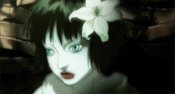 1girl android animated animated_gif black_hair blue_eyes creepy female_focus flower ghost_in_the_shell ghost_in_the_shell:_innocence hair_flower hair_ornament looking_at_viewer lowres machine short_hair solo