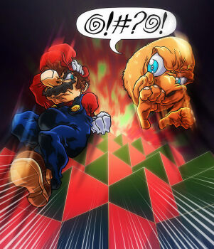Rule 34 | 2boys, angry, blocks, blue eyes, clash, crossover, facial hair, gloves, hat, jumping, legs, mario, mario (series), multiple boys, mustache, nintendo, qbert, qbert (character), qbert (game), speech bubble, super mario bros. 1