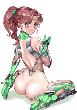 1girl absurdres arion_canvas ass back bishoujo_senshi_sailor_moon boots bottomless brown_hair gloves green_eyes high_heel_boots high_heels highres kino_makoto leotard long_hair looking_at_viewer looking_back ponytail sailor_jupiter sitting smile solo taimanin_(series) taimanin_suit torn_clothes wariza