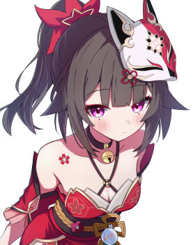 1girl alternate_hairstyle bare_shoulders bell black_choker blunt_bangs blush breasts brown_hair choker cleavage closed_mouth collarbone commentary detached_sleeves dress fox_mask highres honkai:_star_rail honkai_(series) long_hair looking_at_viewer mask mask_on_head neck_bell pink_eyes ponytail red_sleeves sasanekomaru simple_background solo sparkle_(honkai:_star_rail) strapless strapless_dress upper_body white_background
