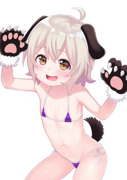 1girl :d ahoge animal_ears animal_hands atg_(wttoo0202) bikini blush brown_eyes brown_gloves collarbone commentary dog_ears dog_girl dog_tail female_focus fur-trimmed_gloves fur_trim gloves hair_between_eyes highres kemonomimi_mode konomori_kanon light_brown_hair loli long_hair looking_at_viewer micro_bikini navel open_mouth paw_gloves purple_bikini side-tie_bikini_bottom simple_background smile solo swimsuit tail watashi_ni_tenshi_ga_maiorita! white_background