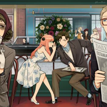 3girls 5boys absurdres anya_(spy_x_family) bare_shoulders becky_blackbell blue_eyes blue_shirt bouquet chair character_request collared_shirt damian_desmond dating dress ducartoon flower glasses gloves green_eyes green_hair hetero highres holding holding_newspaper indoors jeeves_(spy_x_family) melinda_desmond multiple_boys multiple_girls newspaper restaurant shirt short_hair sitting sleeveless sleeveless_dress spy_x_family sunglasses sweater_vest table twilight_(spy_x_family) white_dress white_gloves white_sweater_vest