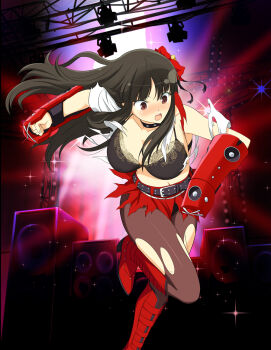 1girl :o belt belt_buckle black_belt black_bra black_hair black_pantyhose blush boots border bra breasts buckle cleavage gauntlets high_heel_boots high_heels highres hime_cut lace lace-trimmed_bra lace_trim large_breasts long_hair looking_at_viewer looking_down official_alternate_costume official_art pantyhose red_boots red_eyes senran_kagura senran_kagura_new_wave shirt skirt solo sparkle speaker stage stage_lights steel_beam studded_belt studded_choker teeth torn_clothes torn_pantyhose torn_shirt torn_skirt tsubaki_(senran_kagura) underwear upper_teeth_only weaponized_instrument