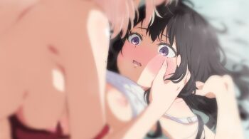 2girls areola_slip black_hair blonde_hair blur_censor blush bra bra_lift bra_pull breasts censored clothes_lift clothes_pull commentary_request hand_on_another's_cheek hand_on_another's_face hand_up highres inoue_takina long_hair lycoris_recoil medium_breasts multiple_girls nervous_sweating nipples nishikigi_chisato open_mouth or2_(sahr7857) paid_reward_available purple_eyes red_bra short_hair sidelocks strap_slip sweat underwear white_bra yuri