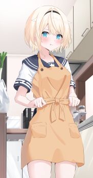 1girl :t absurdres apron bag black_hairband black_sailor_collar blonde_hair blue_eyes blush bright_pupils commentary_request hairband highres hololive kazama_iroha plastic_bag sailor_collar school_uniform serafuku shirt spring_onion virtual_youtuber visitofsiki white_pupils white_shirt yellow_apron