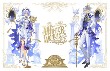 1boy 1girl :d absurdres alternate_costume alternate_hair_length alternate_hairstyle ankle_strap arm_at_side arm_behind_back back_bow beret birdcage black_shirt black_shoes blue_bow blue_coat blue_hair blue_vest border bow bowtie brooch brother_and_sister buttoned_cuffs buttons cage cane capelet cherub closed_mouth coat collar_chain_(jewelry) collared_capelet column commentary dress dress_shoes earrings english_commentary english_text eye_symbol feathered_wings flower formal_clothes frilled_dress frills full_body fur-trimmed_sleeves fur_capelet fur_trim gloves gold_earrings green_eyes grey_hair grey_shoes hair_behind_ear hair_between_eyes halo halo_behind_head hand_up hat hat_ornament head_wings highres hobble_dress holding holding_cane honkai:_star_rail honkai_(series) huge_bow jewel_under_eye jewelry lips long_dress long_sleeves looking_at_viewer low_wings medium_dress microphone microphone_stand mirror multicolored_coat muoi open_clothes open_coat open_mouth orange_lips ornate_border pants peaked_cap pillar purple_coat purple_dress purple_hat purple_sleeves ribbon robin_(honkai:_star_rail) see-through_dress_layer shirt shoes short_hair siblings smile spiked_halo standing suit sunday_(honkai:_star_rail) tassel thorn_print traditional_bowtie tuxedo_shirt two-tone_dress vest vintage_microphone wavy_hair white_bow white_bowtie white_capelet white_coat white_dress white_flower white_gloves white_pants white_suit white_wings wings yellow_border yellow_eyes yellow_ribbon