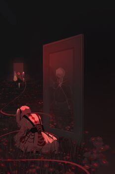 5girls absurdres black_bow bow broken_mirror character_request commentary commentary_request corset dark different_reflection dress english_commentary faceless faceless_female field flower flower_field glowing_flower hair_bow highres mirror multiple_girls pink_hair project_sekai red_hair reflection ribbon saitshakers tenma_saki twintails white_hair