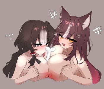 ... 2girls absurdres animal_ears bibi_biscuit blue_eyes blush bone braid braided_sidelock breasts breasts_squeezed_together brown_hair chisaka_airi colored_inner_hair cooperative_paizuri dog_ears fang floppy_ears geode_consumer grey_background highres huge_breasts large_breasts licking looking_at_viewer multicolored_hair multiple_girls nipples notice_lines nude open_mouth paizuri phase_connect raised_eyebrows red_hair simple_background simulated_paizuri skin_fang spoken_ellipsis streaked_hair teamwork_(sexual) virtual_youtuber white_hair wolf_ears yellow_eyes